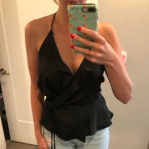 Black lush wrap sleeveless v neck ruffle top